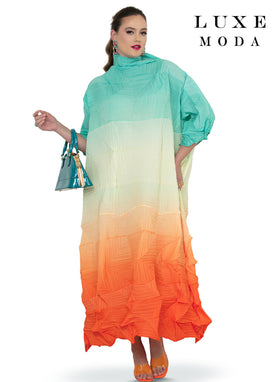 Mock Neck 3/4 Sleeve Ombre Block Textured Pleated Oversized Maxi Dress by Tesoro Moda LM-512