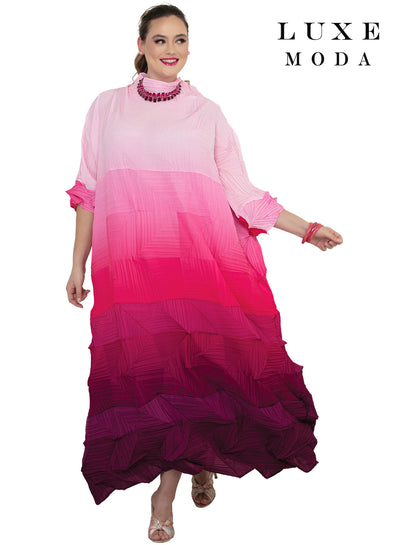 Mock Neck 3/4 Sleeve Ombre Block Textured Pleated Oversized Maxi Dress by Tesoro Moda LM-512
