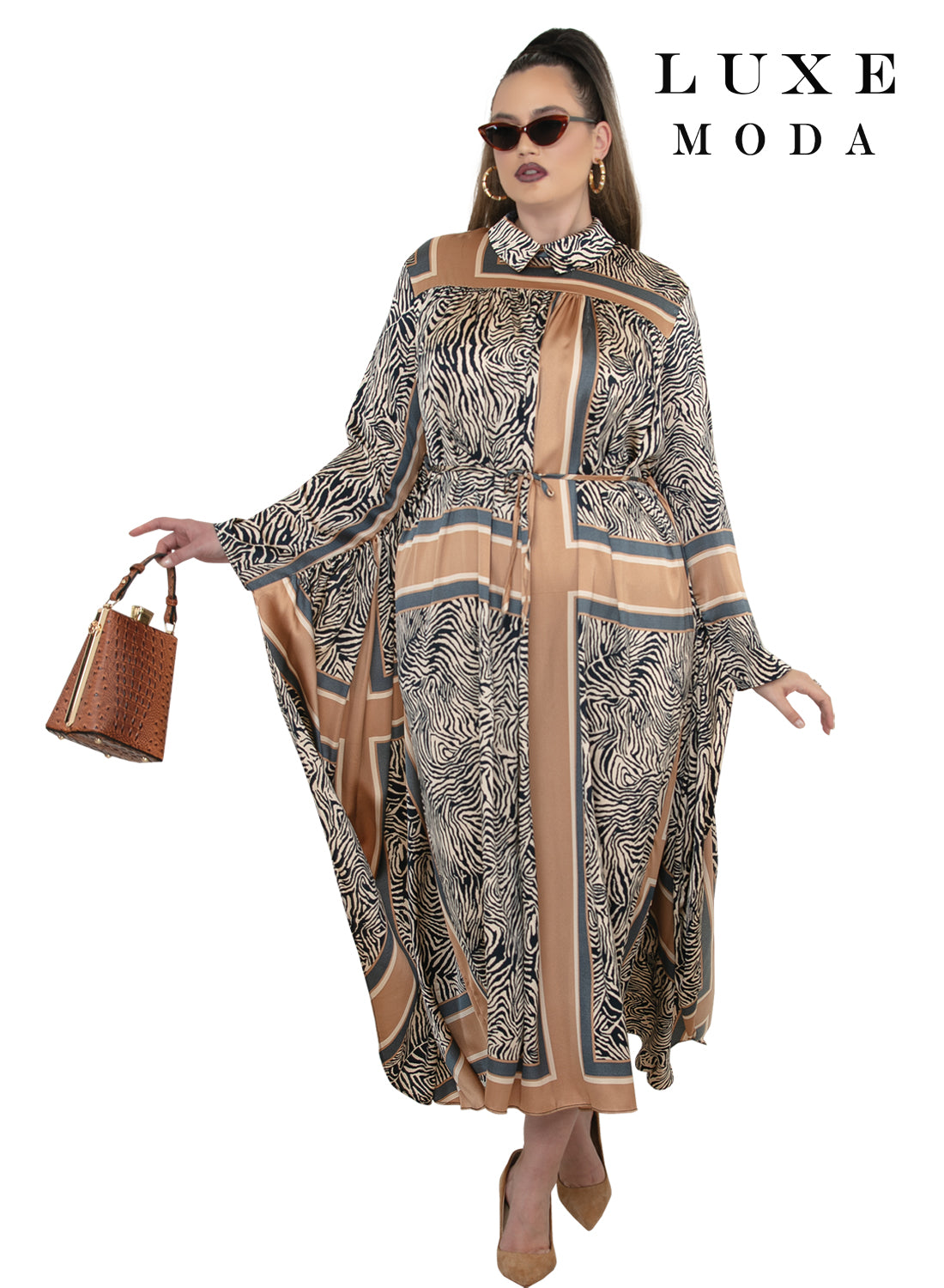 Collared Neck Wide Draped Sleeve Geometric Border Tie-Waist Maxi Dress by Tesoro Moda LM-514