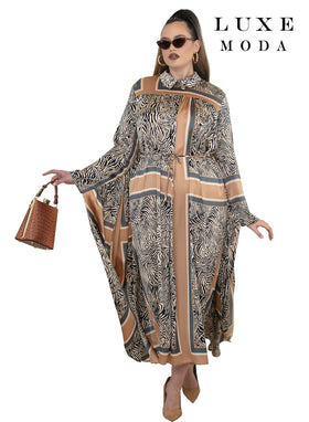 Collared Neck Wide Draped Sleeve Geometric Border Tie-Waist Maxi Dress by Tesoro Moda LM-514