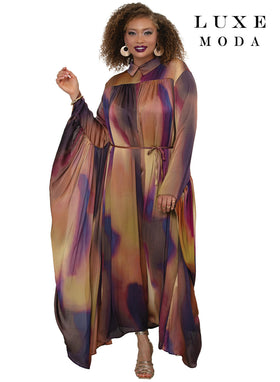 Collared Neck Dramatic Batwing Sleeve Tie-Dye Abstract Print Pleated Dress by Tesoro Moda LM-515