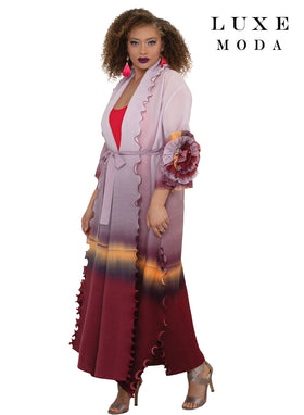 Open Front Shawl Collar 3/4 Ruffle Sleeve Scallop Edge Ombre Pleated Maxi by Tesoro Moda LM-516