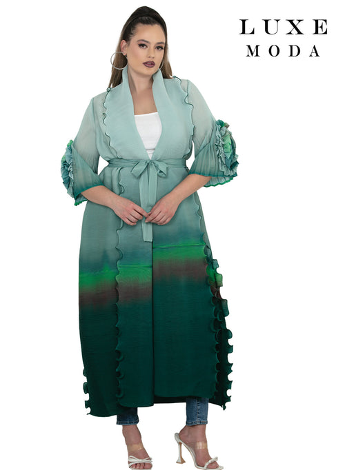 Open Front Shawl Collar 3/4 Ruffle Sleeve Scallop Edge Ombre Pleated Maxi by Tesoro Moda LM-516