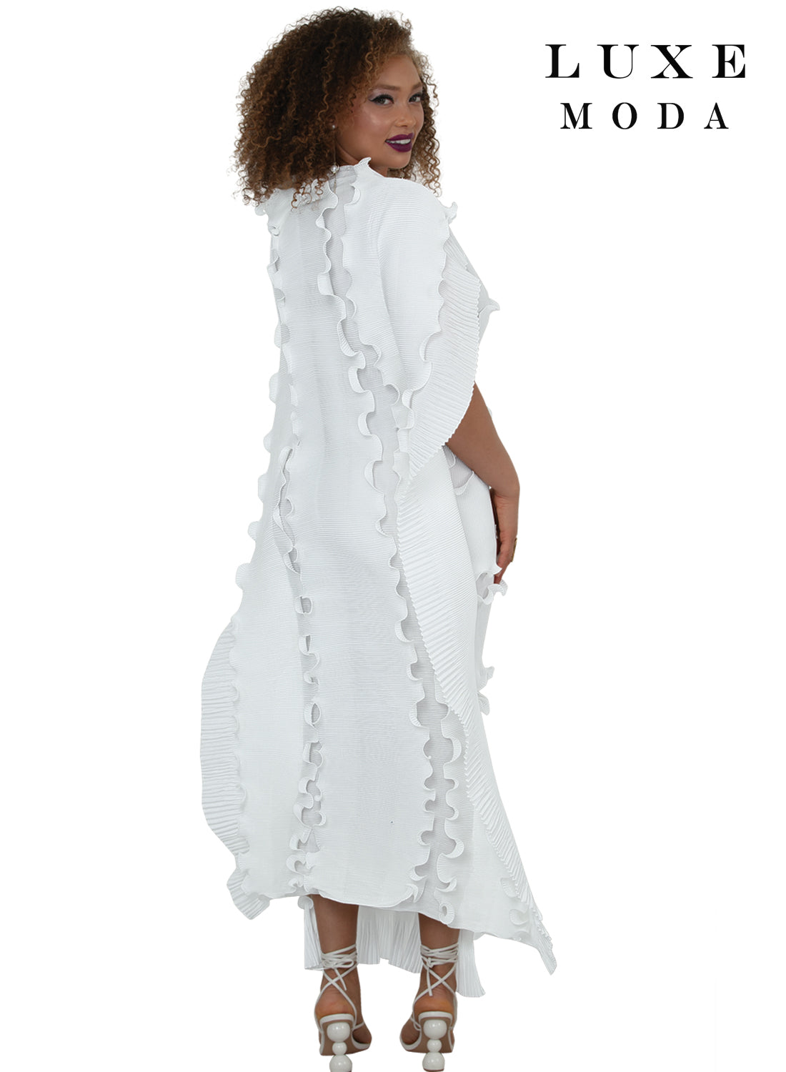 Cap Sleeve Scallop Edge Tiered Ruffle Pleated Cape-Back Belt Maxi Dress by Tesoro Moda LM-517