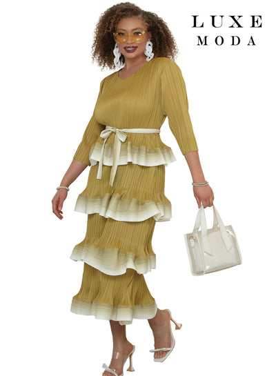 3/4 Sleeve Pleated Ombre Tiered Ruffle Bow Belt Midi Dress by Tesoro Moda LM-518