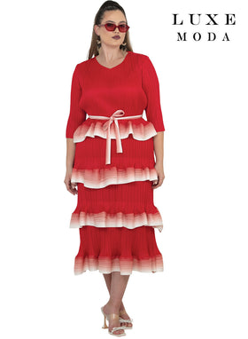 3/4 Sleeve Pleated Ombre Tiered Ruffle Bow Belt Midi Dress by Tesoro Moda LM-518