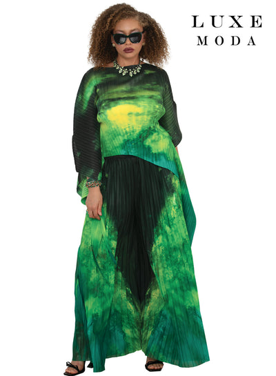 Bateau Neck 3/4 Sleeve High-Low Top & Wide-Leg Pant 2-Piece Set by Tesoro Moda LM-519