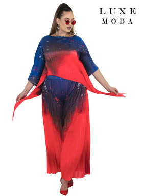 Bateau Neck 3/4 Sleeve High-Low Top & Wide-Leg Pant 2-Piece Set by Tesoro Moda LM-519