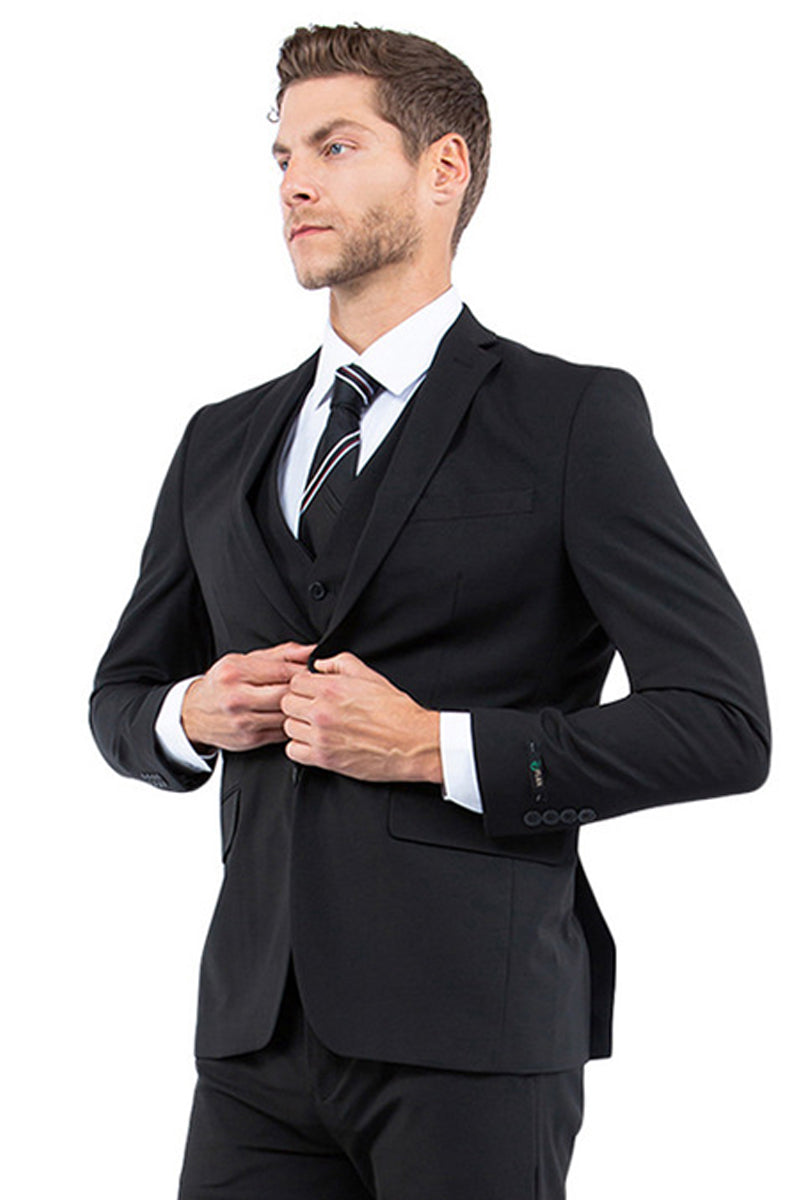 Men's Black One Button Vested Suit in Slim Fit