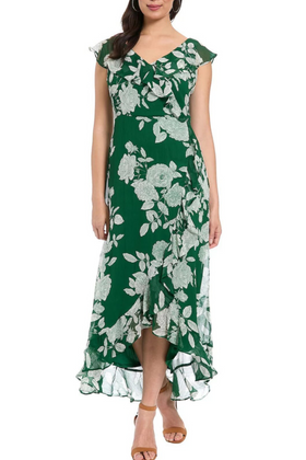 London Times T4521M Dark Green White Floral Print Ruffle Detail Maxi Dress with V-Neck, Cap Sleeve