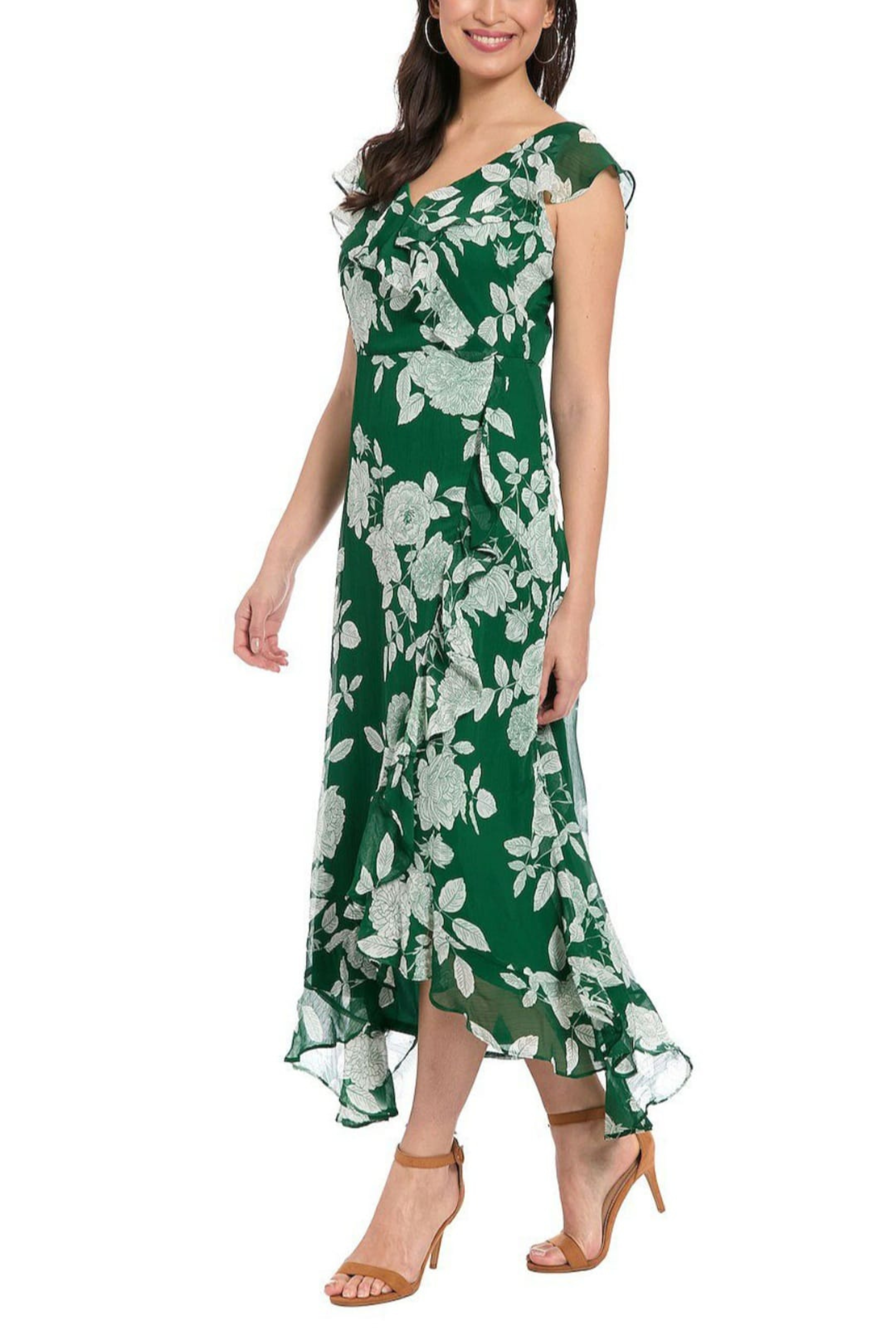 London Times T4521M Dark Green White Floral Print Ruffle Detail Maxi Dress with V-Neck, Cap Sleeve