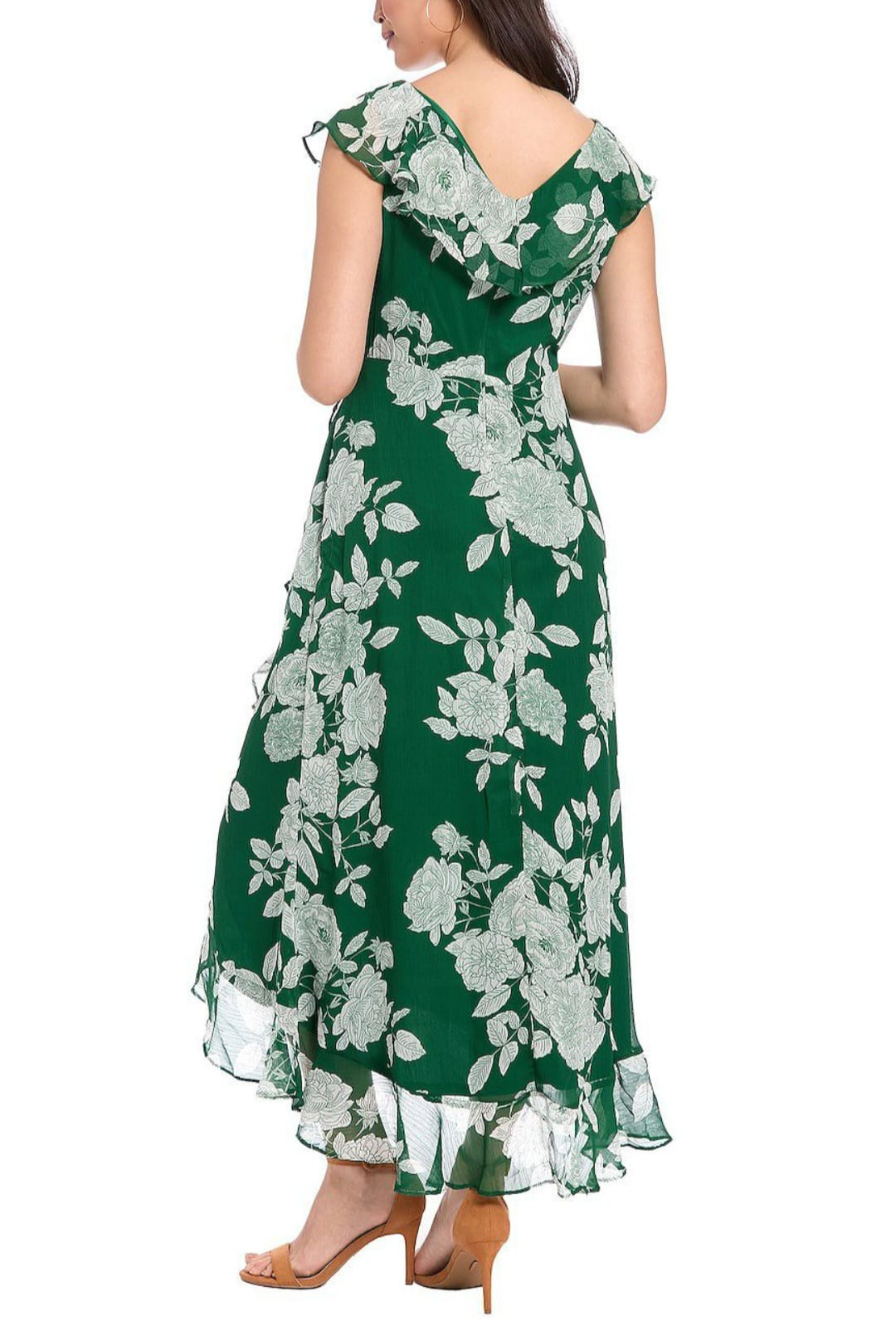 London Times T4521M Dark Green White Floral Print Ruffle Detail Maxi Dress with V-Neck, Cap Sleeve