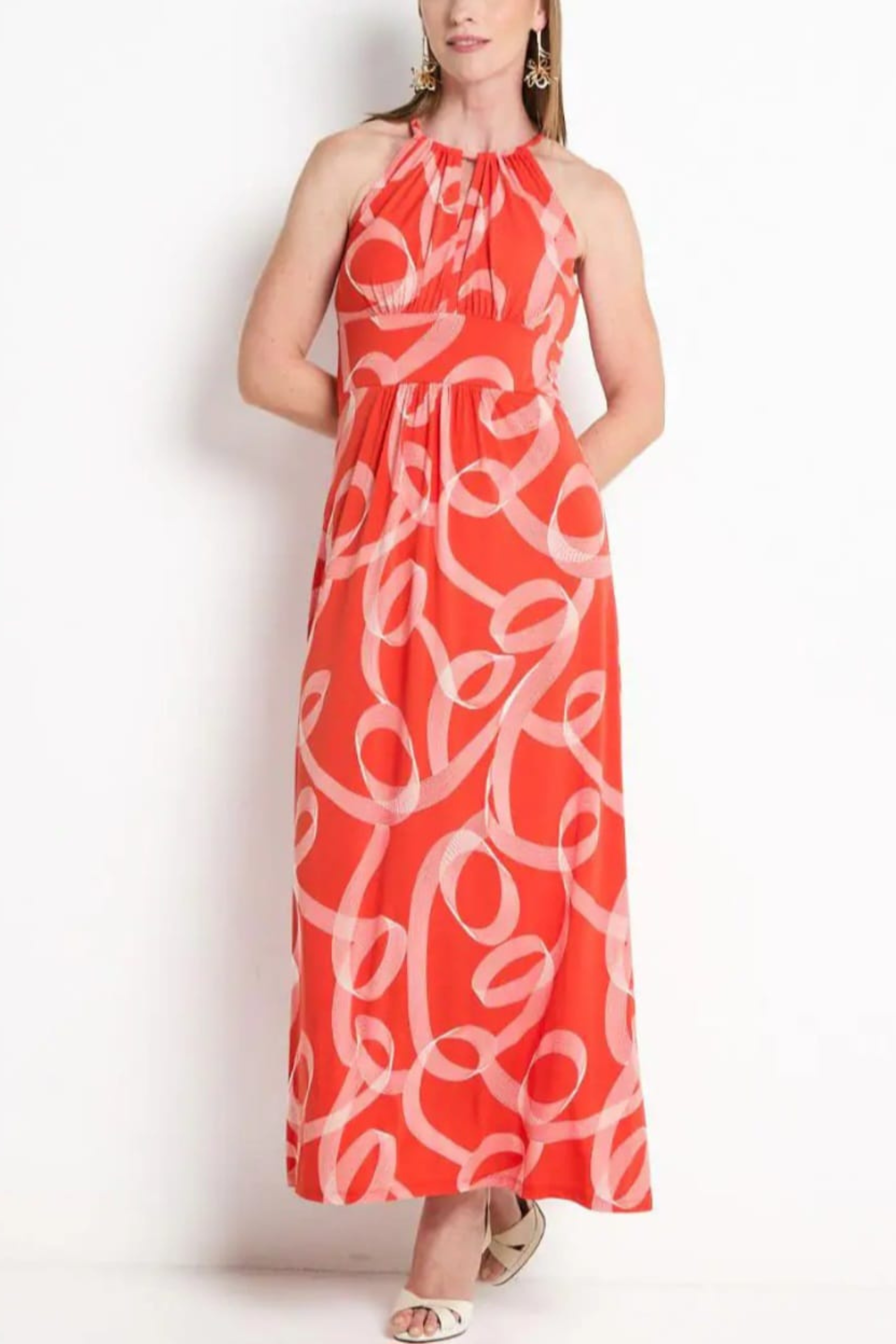London Times T5684M Red White Halter Brushstroke Print Maxi Dress with Halter Neck, Jersey, Striped Design