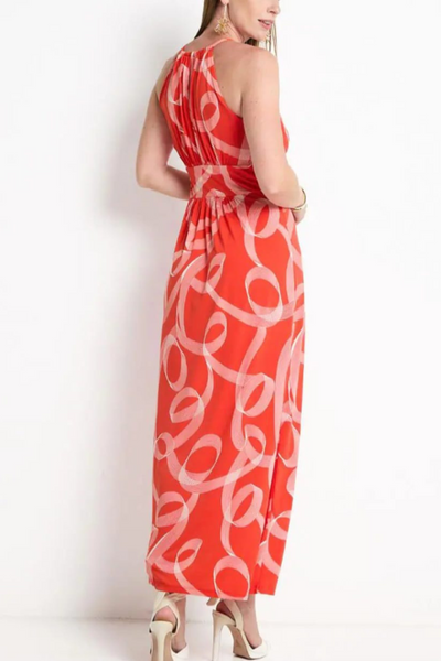 London Times T5684M Red White Halter Brushstroke Print Maxi Dress with Halter Neck, Jersey, Striped Design