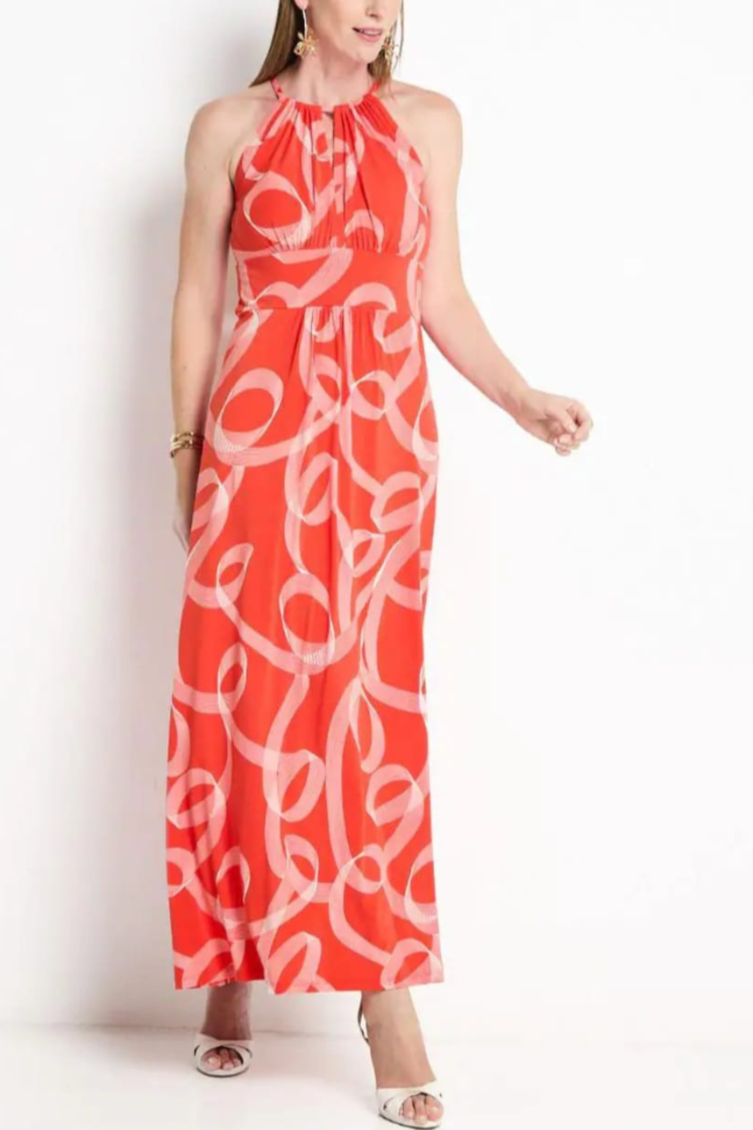 London Times T5684M Red White Halter Brushstroke Print Maxi Dress with Halter Neck, Jersey, Striped Design