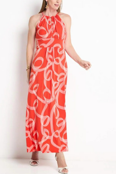 London Times T5684M Red White Halter Brushstroke Print Maxi Dress with Halter Neck, Jersey, Striped Design