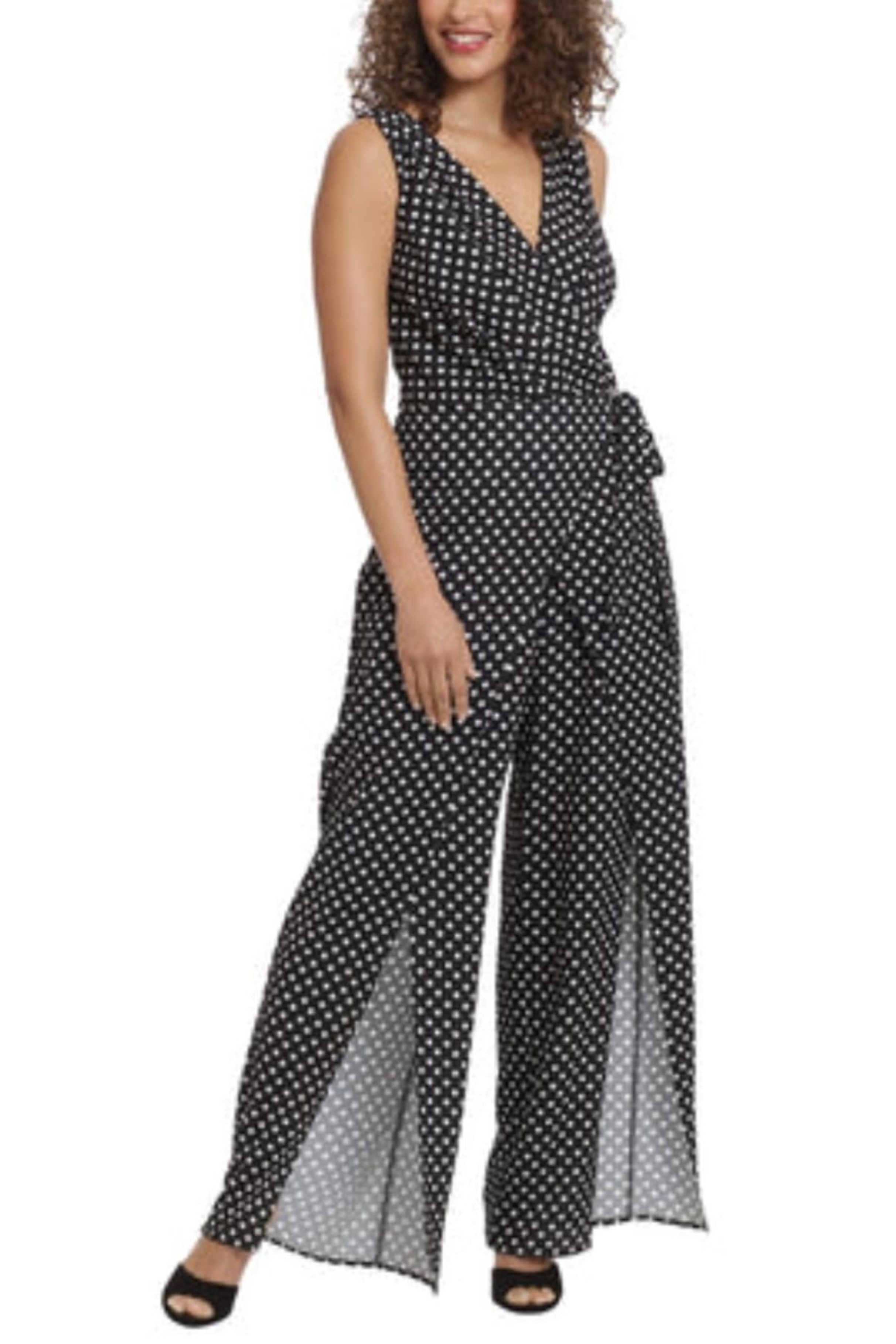 London Times T6892M Black White Polka Dot Sleeveless Jumpsuit with Wrap Styling with Polka Dot Print