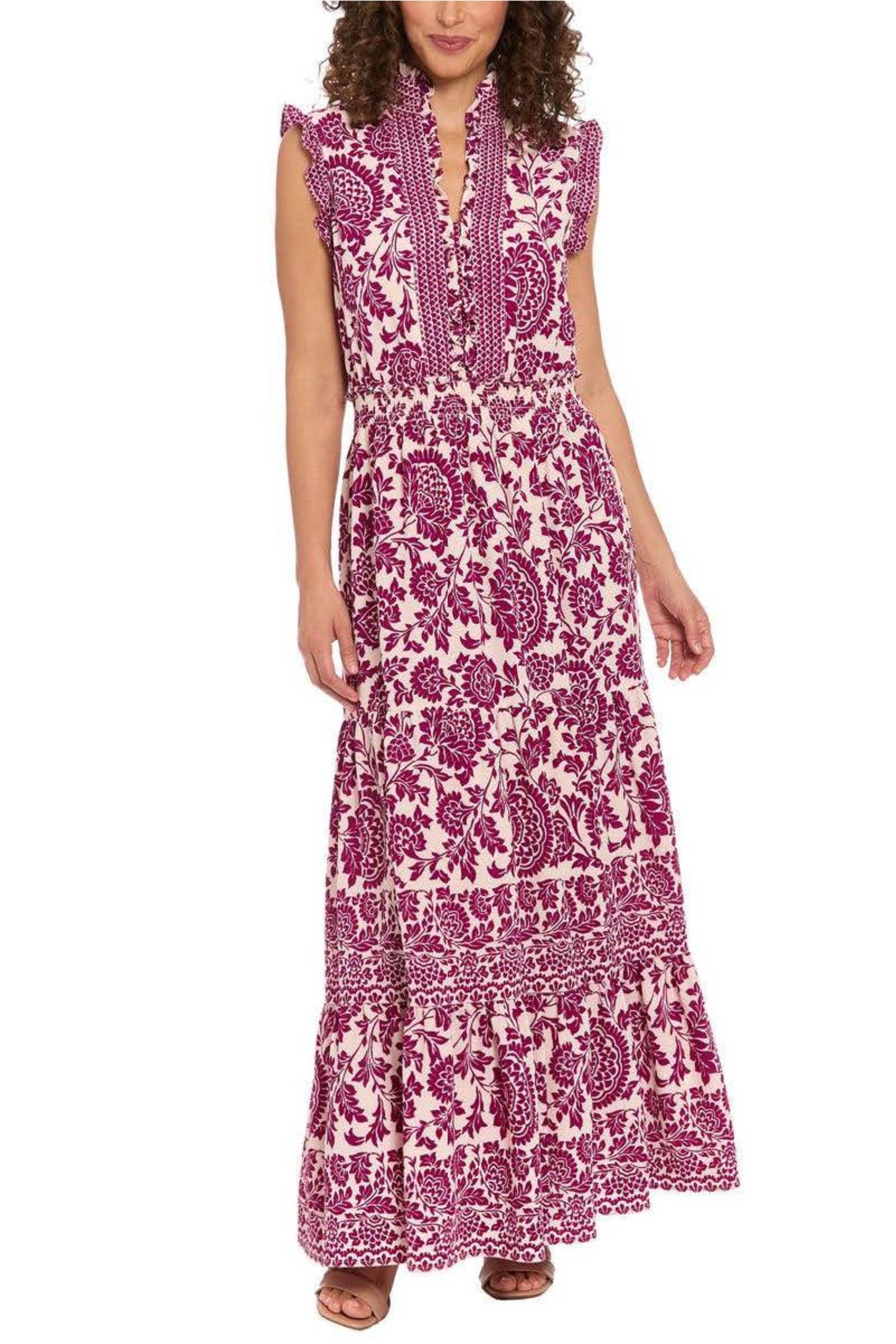 London Times T6945M Beige Wine Floral Tiered Sleeveless Maxi Dress with V-Neck, Bubble Crepe, A-Line