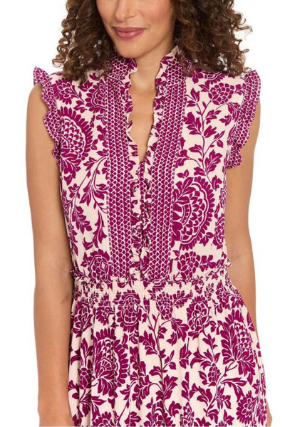 London Times T6945M Beige Wine Floral Tiered Sleeveless Maxi Dress with V-Neck, Bubble Crepe, A-Line