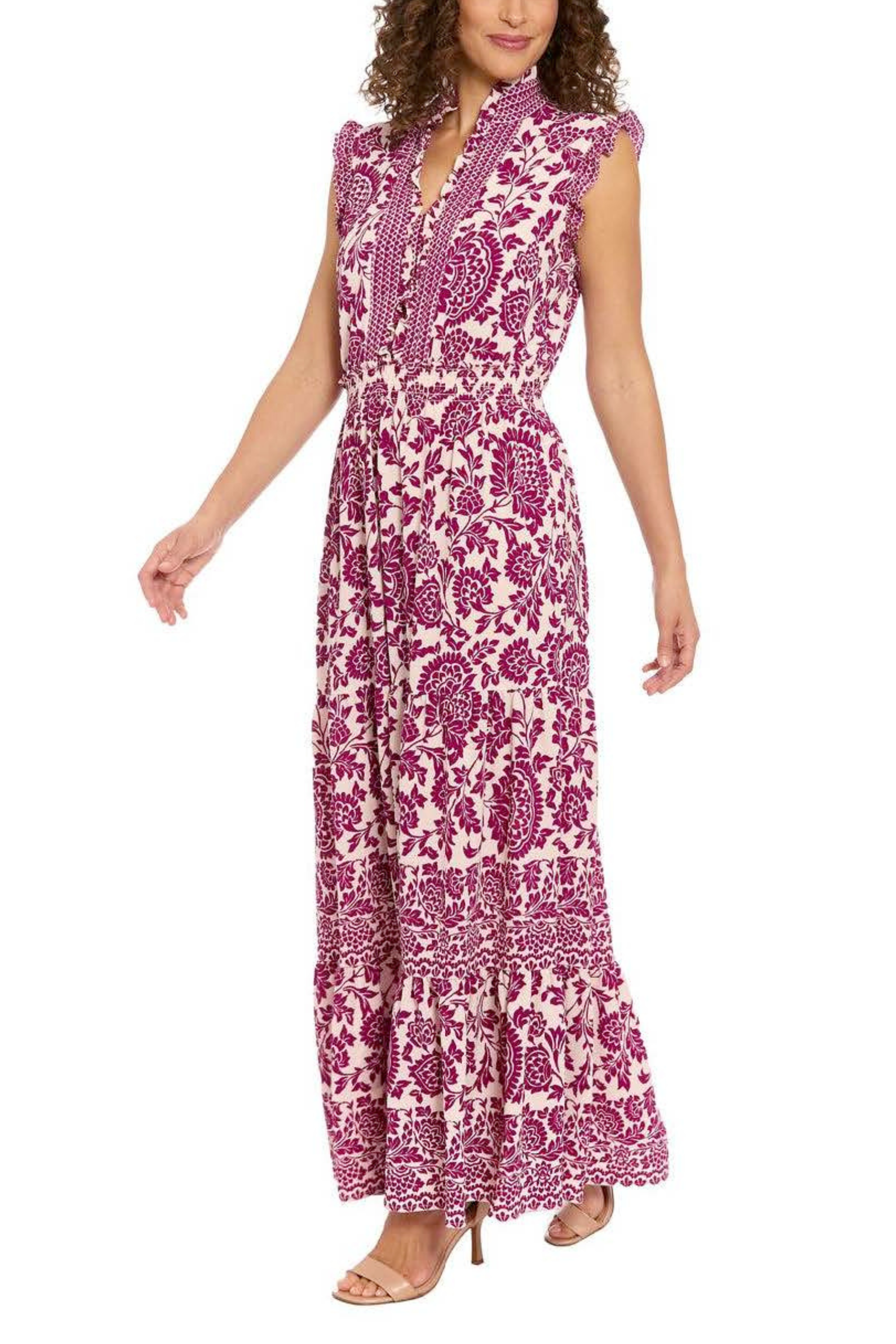 London Times T6945M Beige Wine Floral Tiered Sleeveless Maxi Dress with V-Neck, Bubble Crepe, A-Line