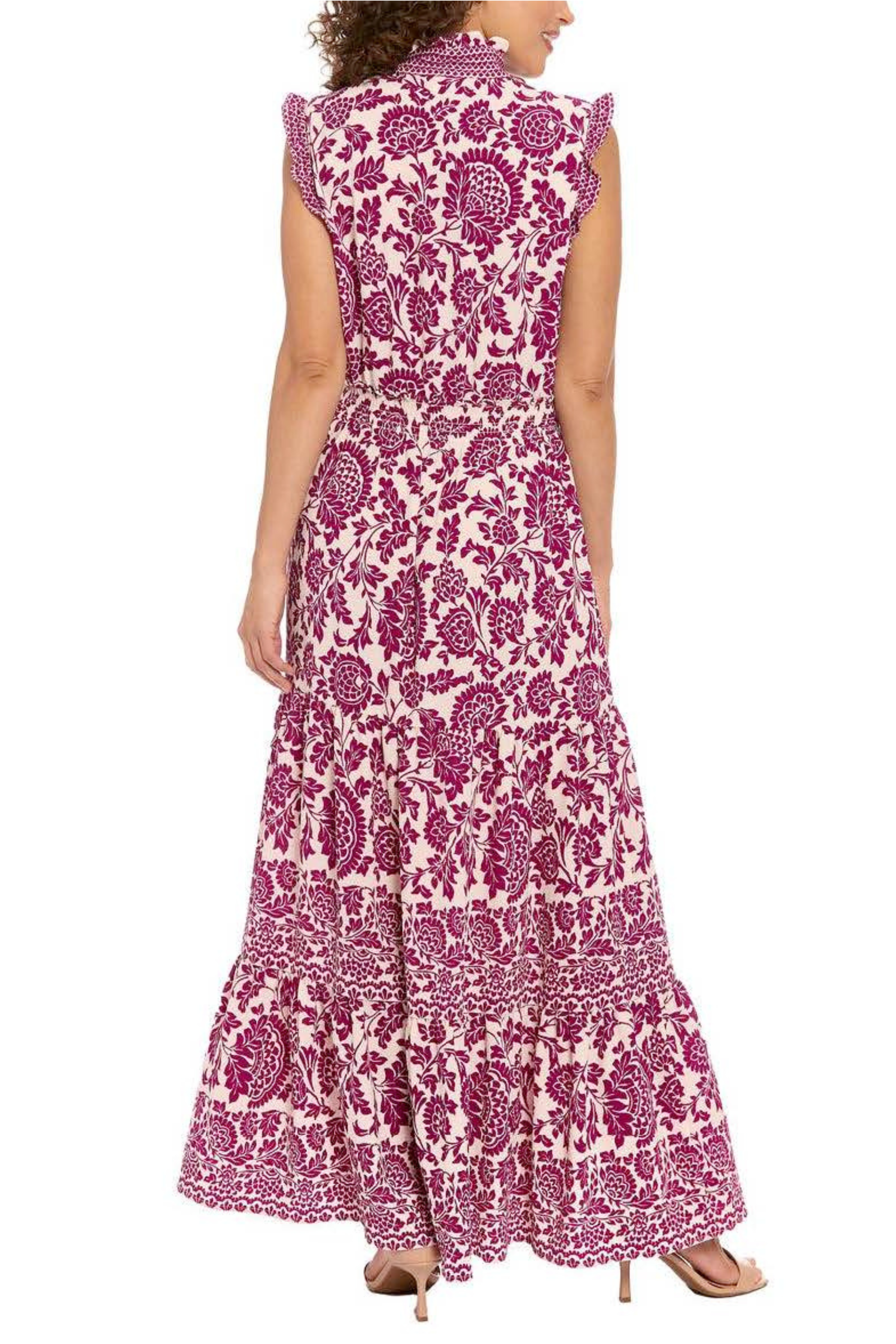 London Times T6945M Beige Wine Floral Tiered Sleeveless Maxi Dress with V-Neck, Bubble Crepe, A-Line