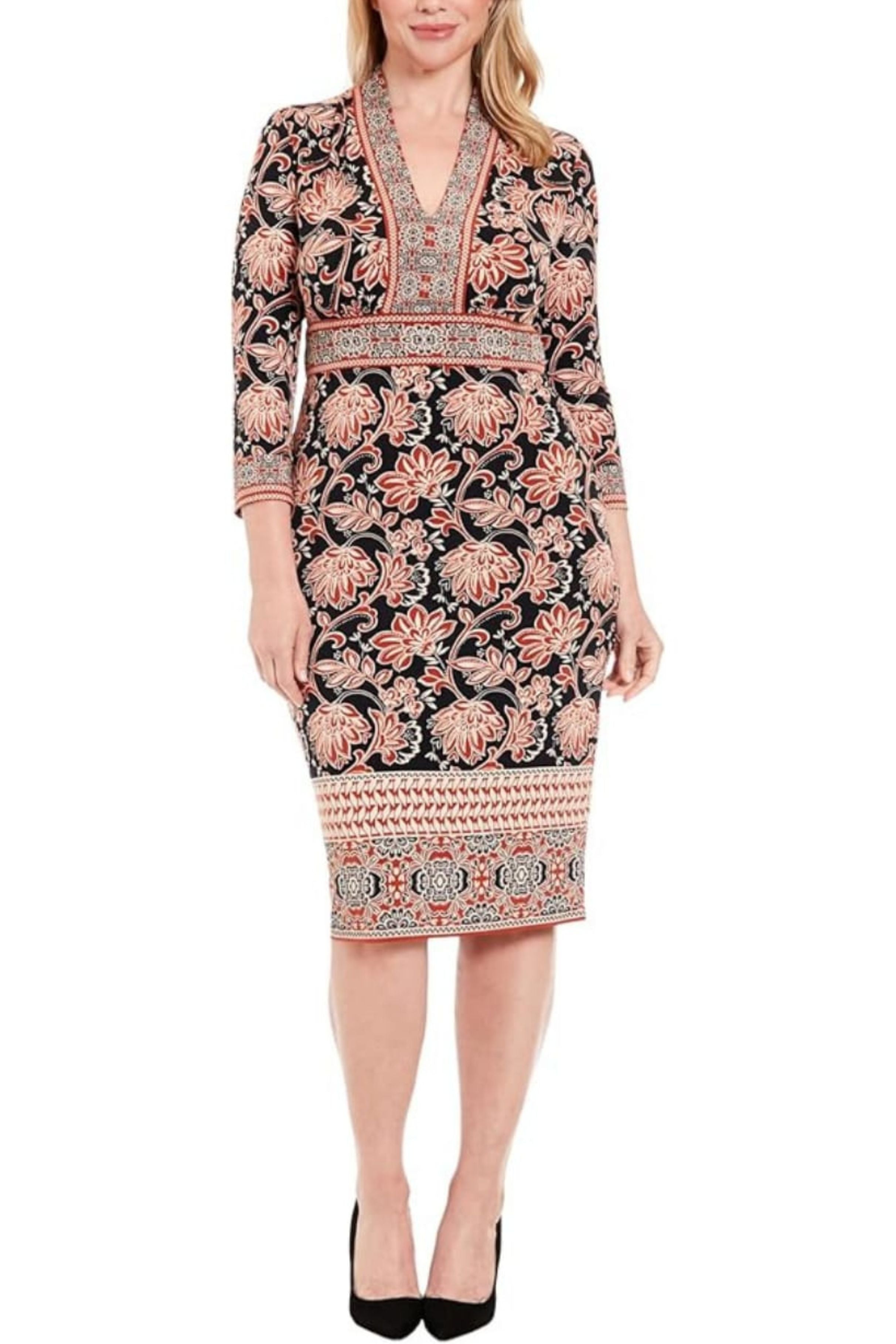 london times midi dress T7070M Black Spice Paisley Print Sheath with V-Neck, 3/4 Sleeve Size:18 - 24 mo. Mother of the Bride and the full lining cat:womens-dresses