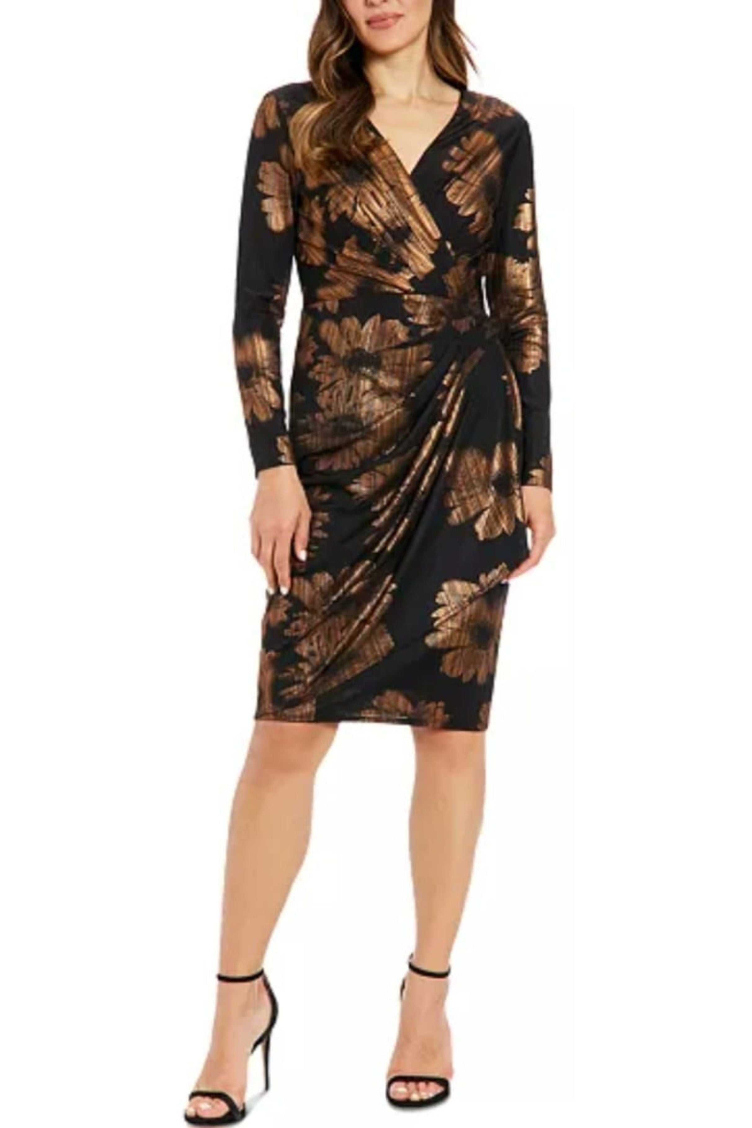 london times cocktail dresses T7111M Black Copper Metallic Floral Print Dress Black Copper / 6 RUSH ORDER ?:YES product-type-Dresses From London Times Slate Blue Pleated Maxi