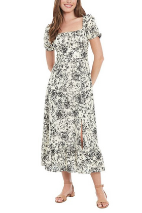 London Times T7122M Ivory Black Floral Short Puff Sleeve Midi Dress with Square Neck, Linen