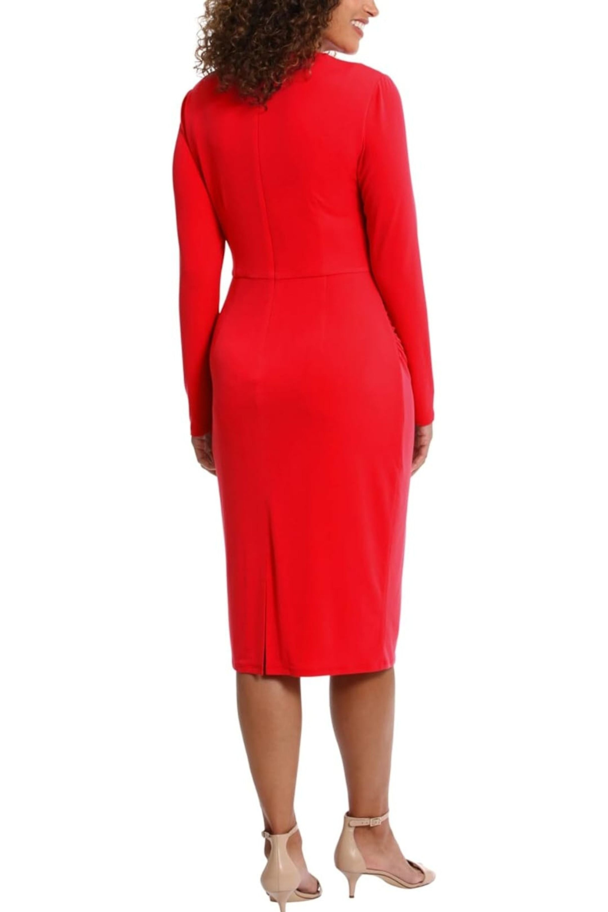 London Times T7158M Red Long Sleeve Draped-Neck Ruched Dress with Draped Neck, Jersey, Pleated Detail