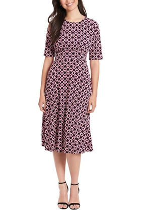 London Times T7189M Black Pink Abstract Print A-Line Short Sleeve Jewel Neck Jersey Midi Dress