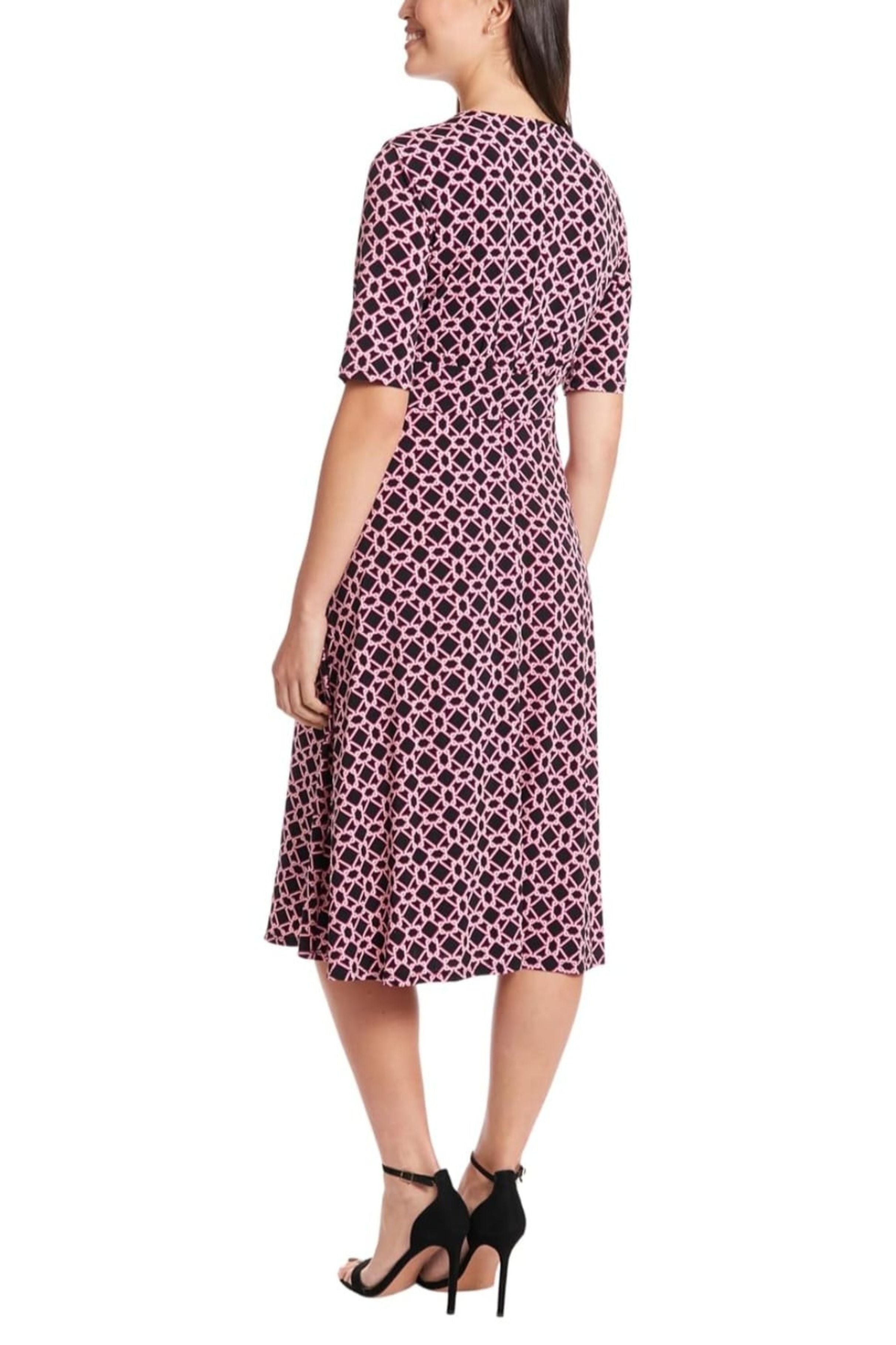 London Times T7189M Black Pink Abstract Print A-Line Short Sleeve Jewel Neck Jersey Midi Dress