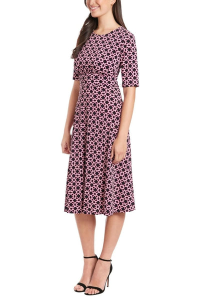 London Times T7189M Black Pink Abstract Print A-Line Short Sleeve Jewel Neck Jersey Midi Dress