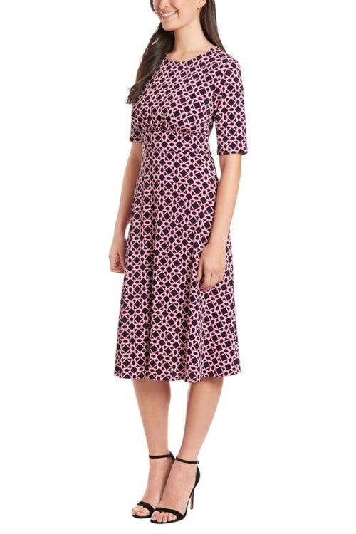 London Times T7189M Black Pink Abstract Print A-Line Short Sleeve Jewel Neck Jersey Midi Dress