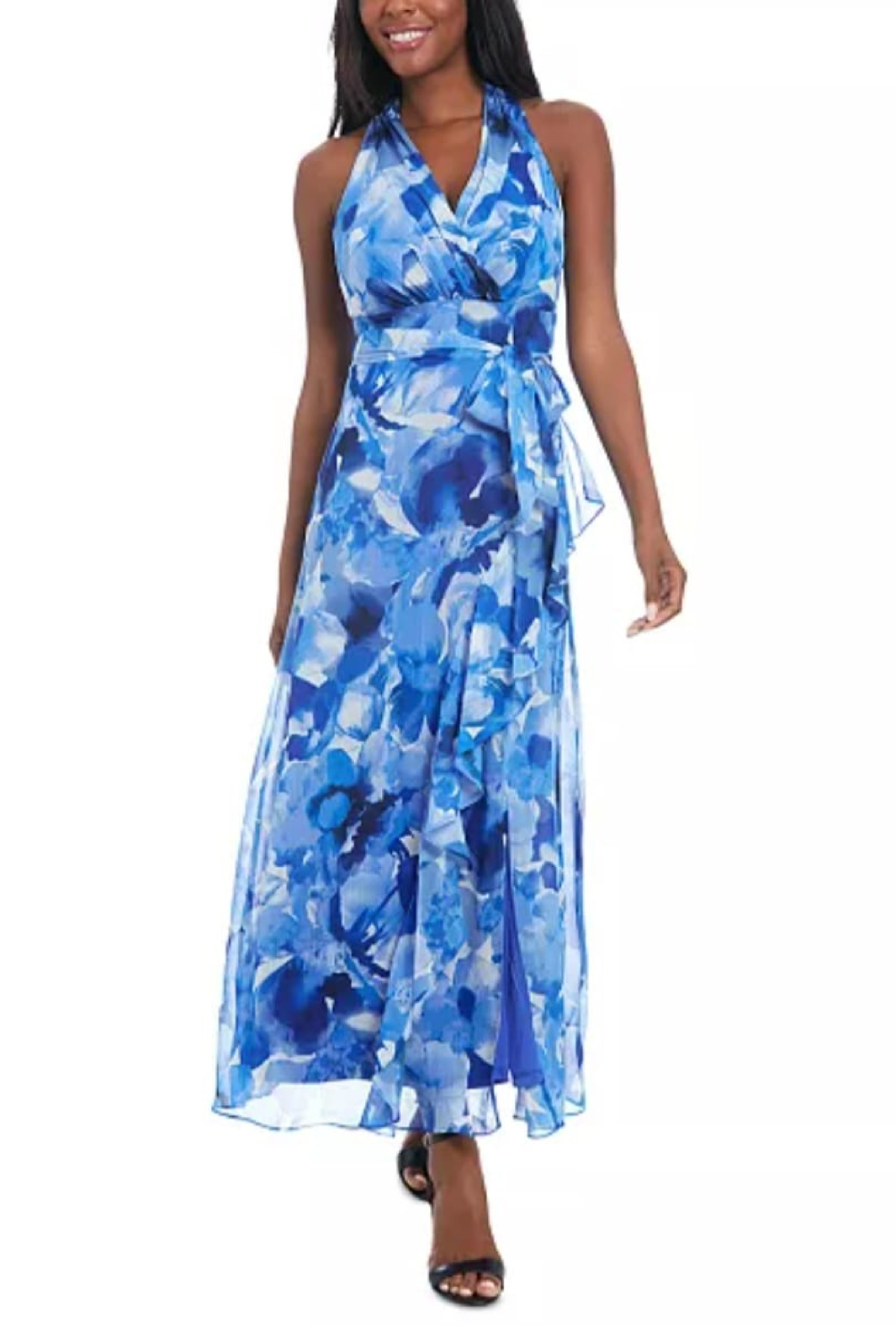 London Times T7300M Blue Denim Faux-Wrap Tie-Waist Maxi Dress with Sleeveless, Chiffon, A-Line