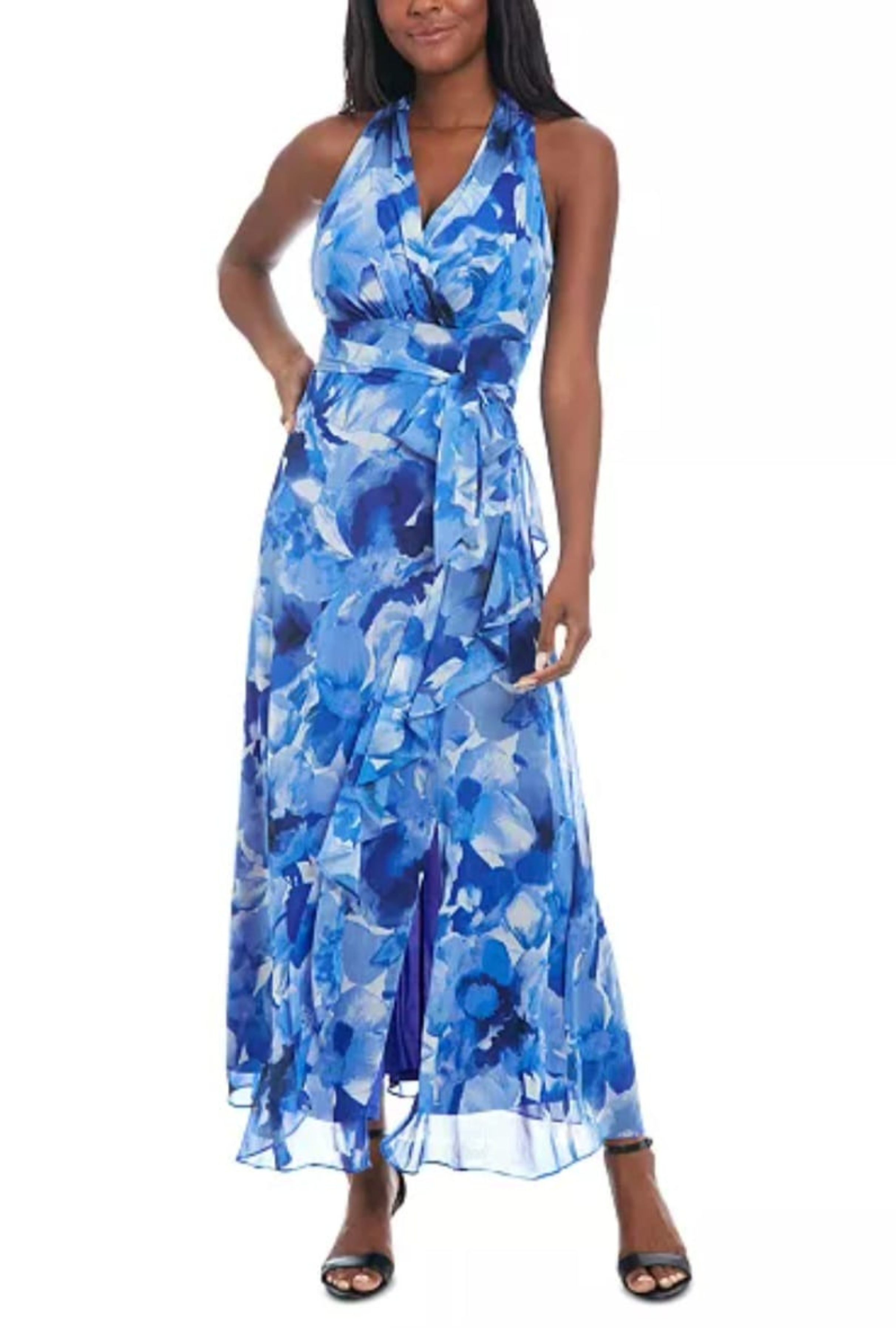 London Times T7300M Blue Denim Faux-Wrap Tie-Waist Maxi Dress with Sleeveless, Chiffon, A-Line