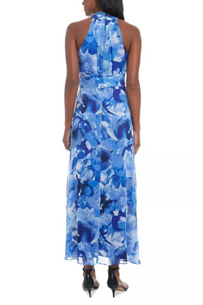 London Times T7300M Blue Denim Faux-Wrap Tie-Waist Maxi Dress with Sleeveless, Chiffon, A-Line