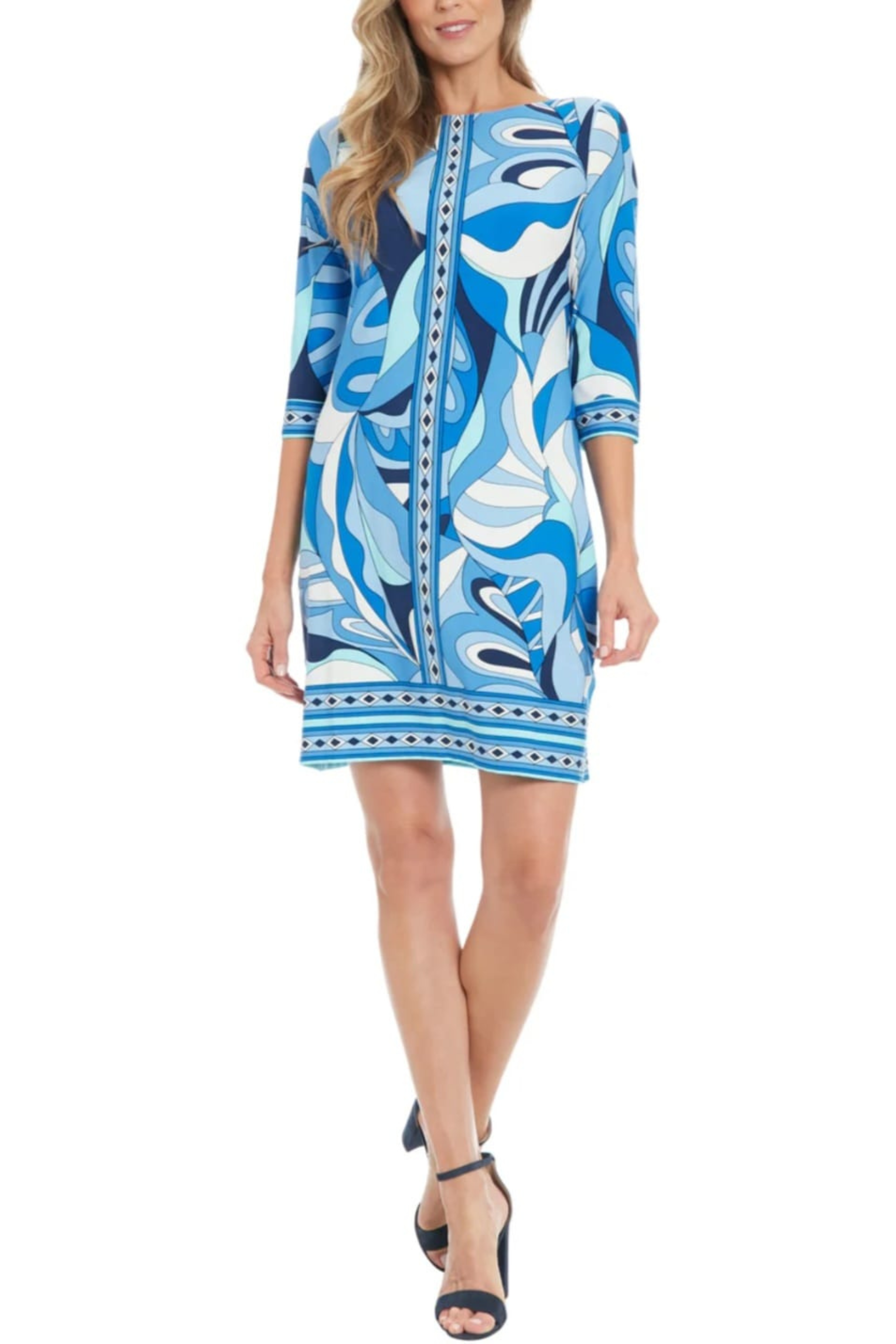 London Times T7324M BLUE AQUA Psychedelic 3/4 Sleeve Boat Neck Jersey BLUE AQUA / S