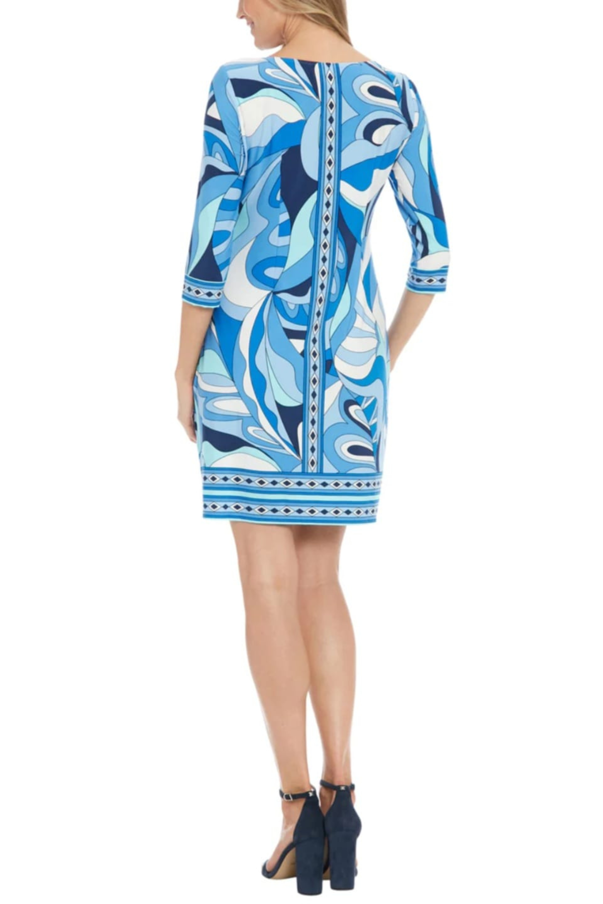 London Times T7324M Blue Aqua Psychedelic 3/4 Sleeve Boat Neck Jersey Shift Dress