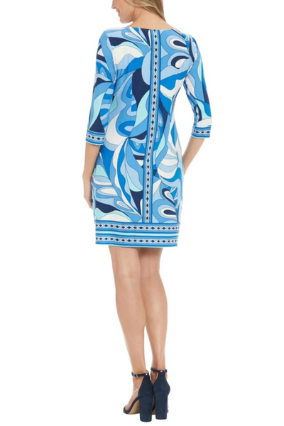 London Times T7324M Blue Aqua Psychedelic 3/4 Sleeve Boat Neck Jersey Shift Dress