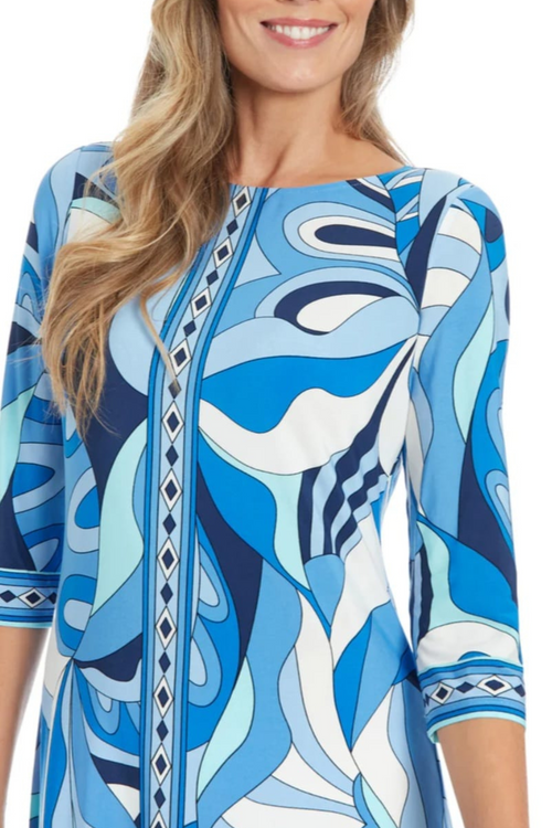 London Times T7324M Blue Aqua Psychedelic 3/4 Sleeve Boat Neck Jersey Shift Dress