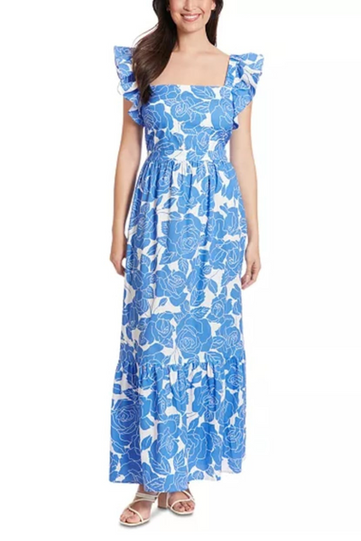London Times T7379M Ivory Blue Rose Print Ruffle Sleeve Square Neck Maxi Dress with Ruffled Detail