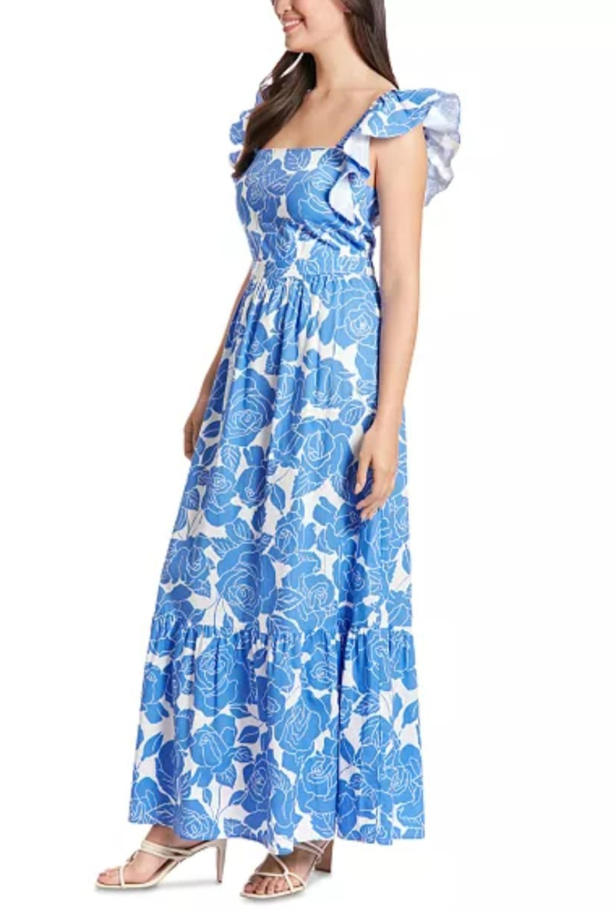 London Times T7379M Ivory Blue Rose Print Ruffle Sleeve Square Neck Maxi Dress with Ruffled Detail