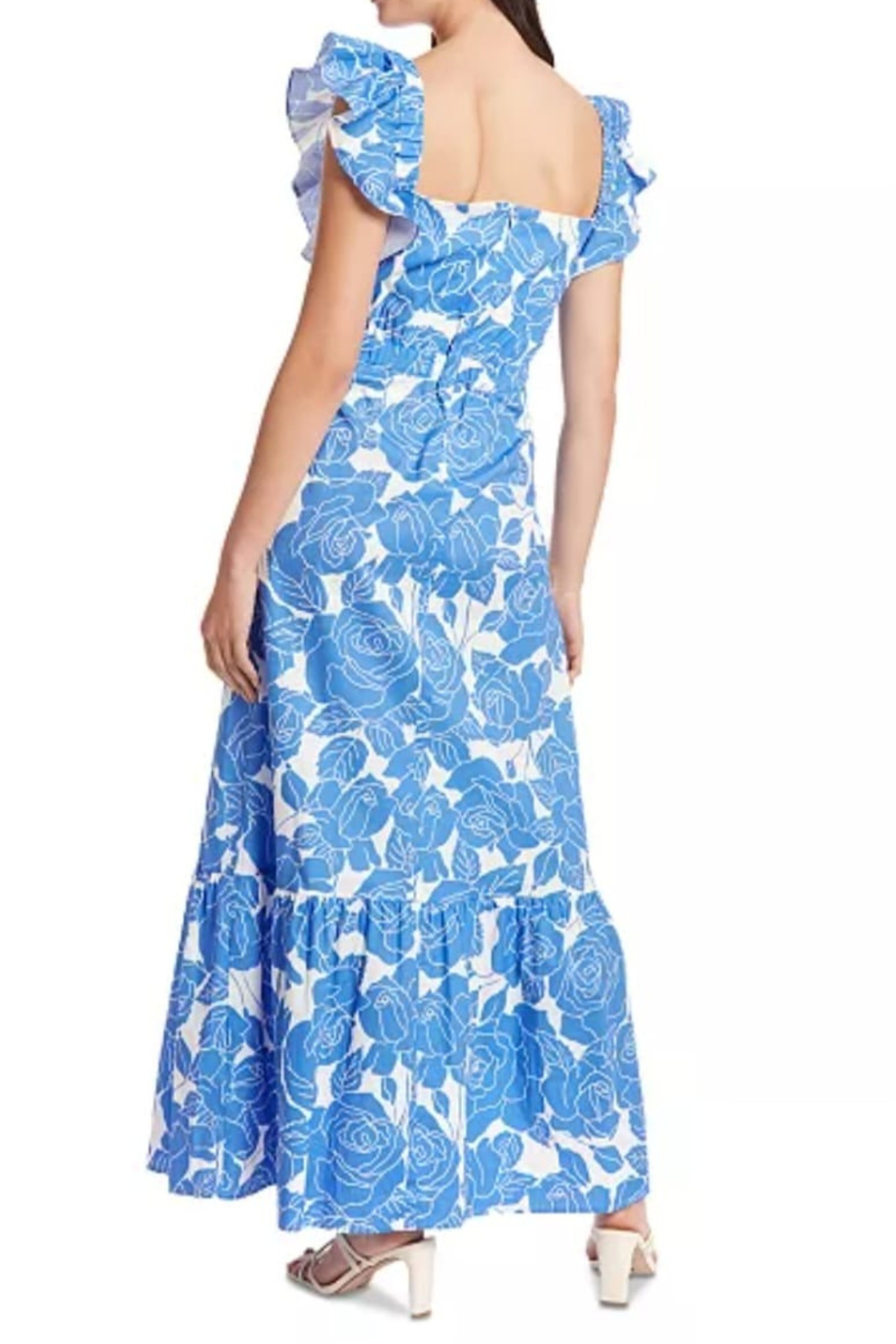 London Times T7379M Ivory Blue Rose Print Ruffle Sleeve Square Neck Maxi Dress with Ruffled Detail