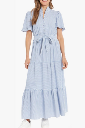 London Times T7395M Stripe Tiered Short Sleeve Maxi Dress with Striped Design