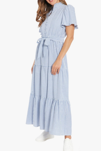 London Times T7395M Stripe Tiered Short Sleeve Maxi Dress with Striped Design