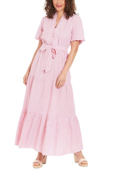 London Times T7395M Stripe Tiered Short Sleeve Maxi Dress with Striped Design