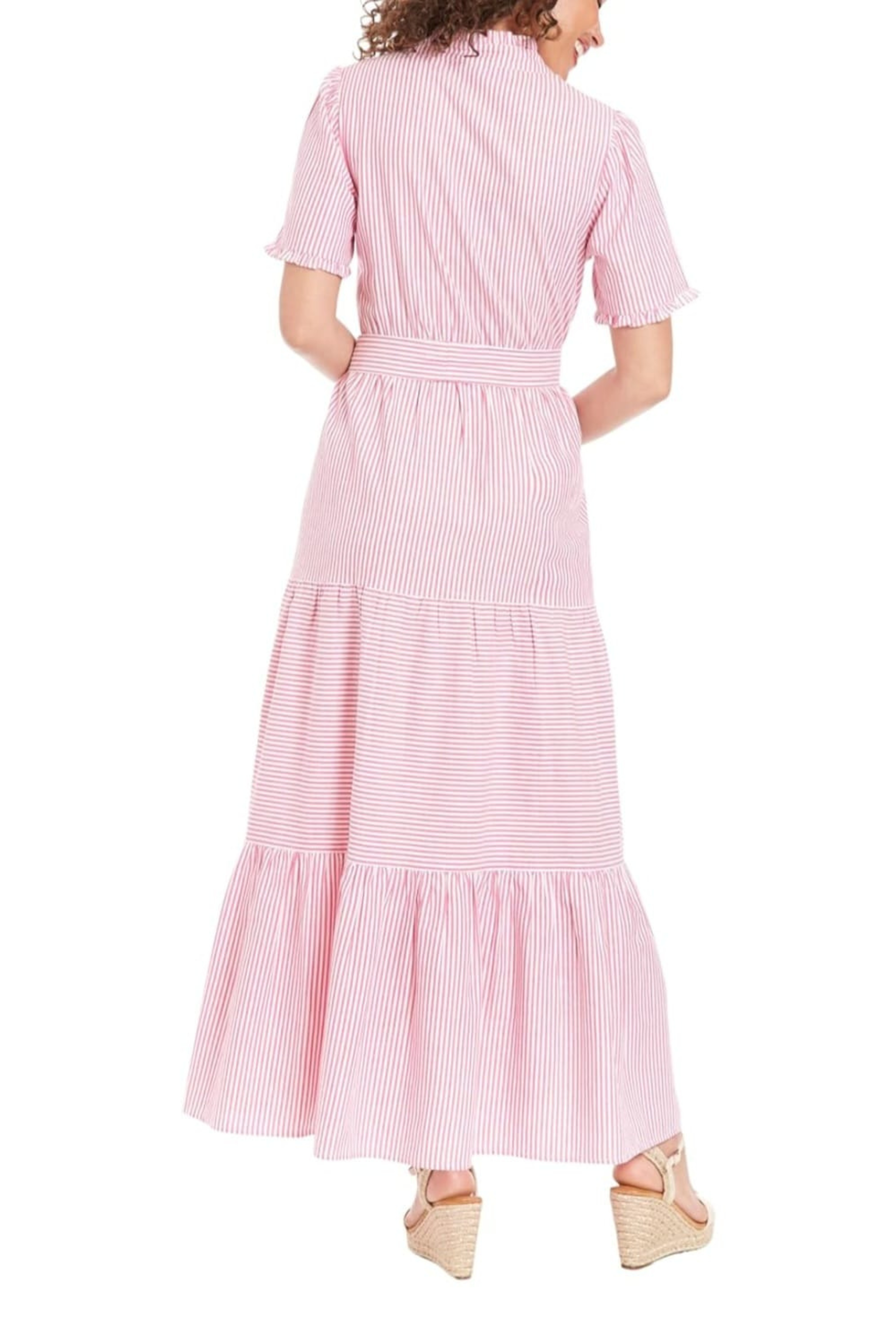 London Times T7395M Stripe Tiered Short Sleeve Maxi Dress with Striped Design
