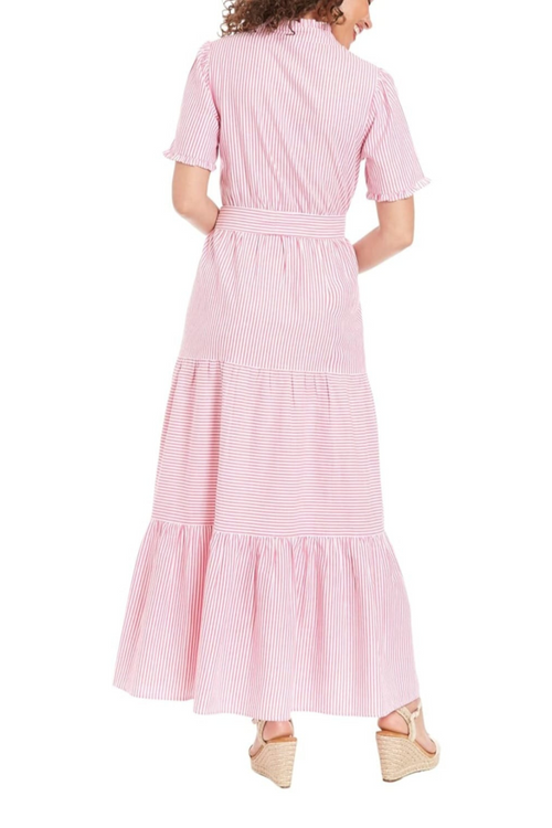 London Times T7395M Stripe Tiered Short Sleeve Maxi Dress with Striped Design