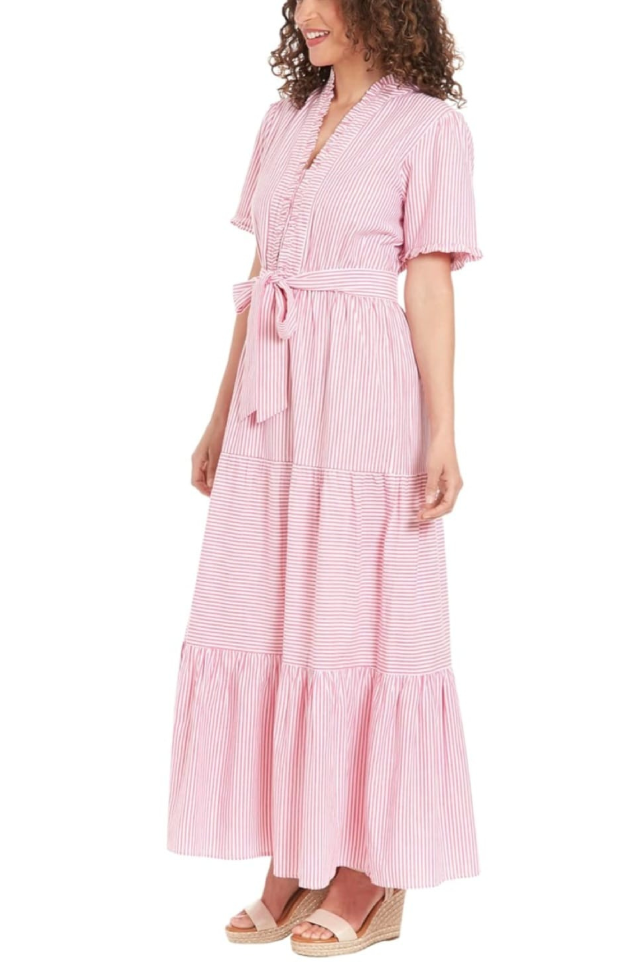 London Times T7395M Stripe Tiered Short Sleeve Maxi Dress with Striped Design