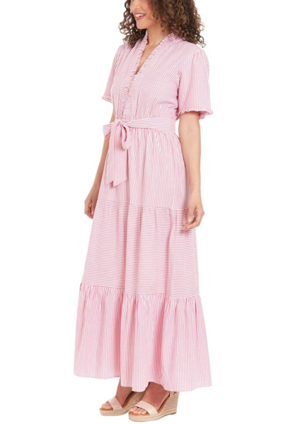 London Times T7395M Stripe Tiered Short Sleeve Maxi Dress with Striped Design